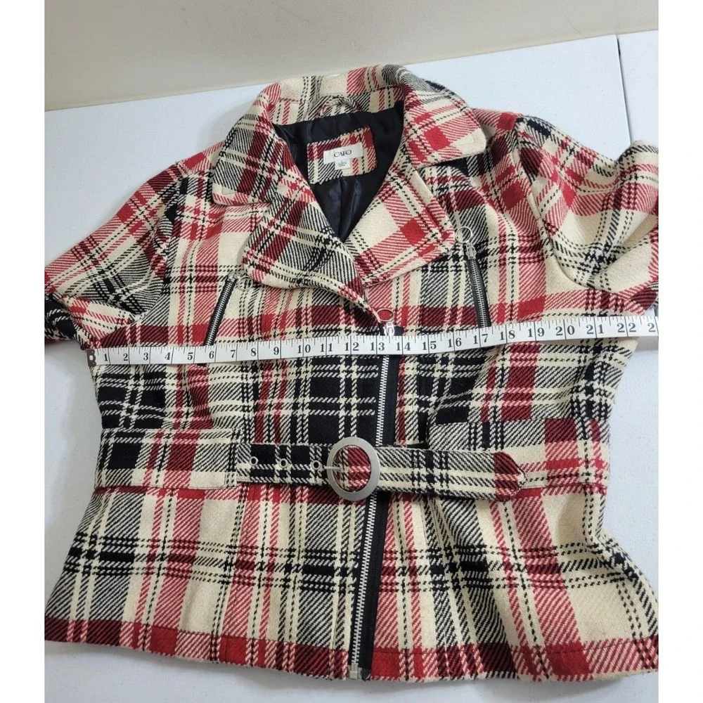 Cato Plaid Moto Jacket Belted Zip‎ Biker Chic Red Black Womens Size Large